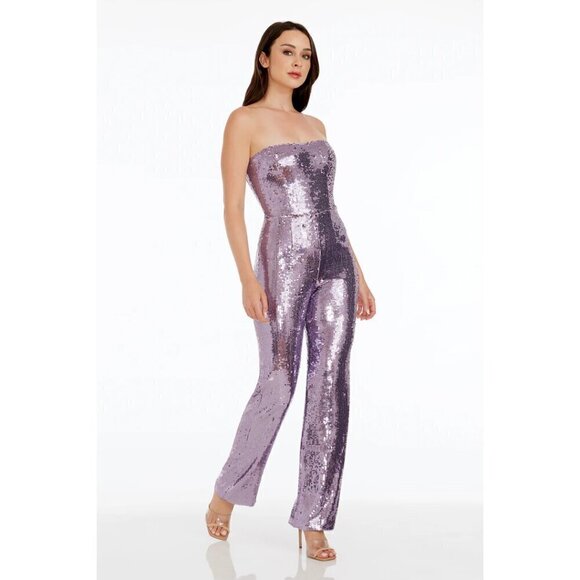 DRESS THE POPULATION Andy Sequin Strapless Jumpsuit in Lavender Multi Size Large - Picture 3 of 10